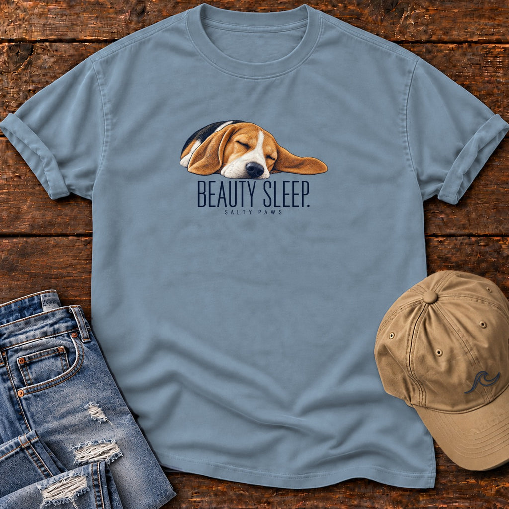 Beagle Beauty Sleep T-Shirt Comfort Colors in Ice Blue, Salty Paws Comfort Colors T-Shirt, front design flat lay