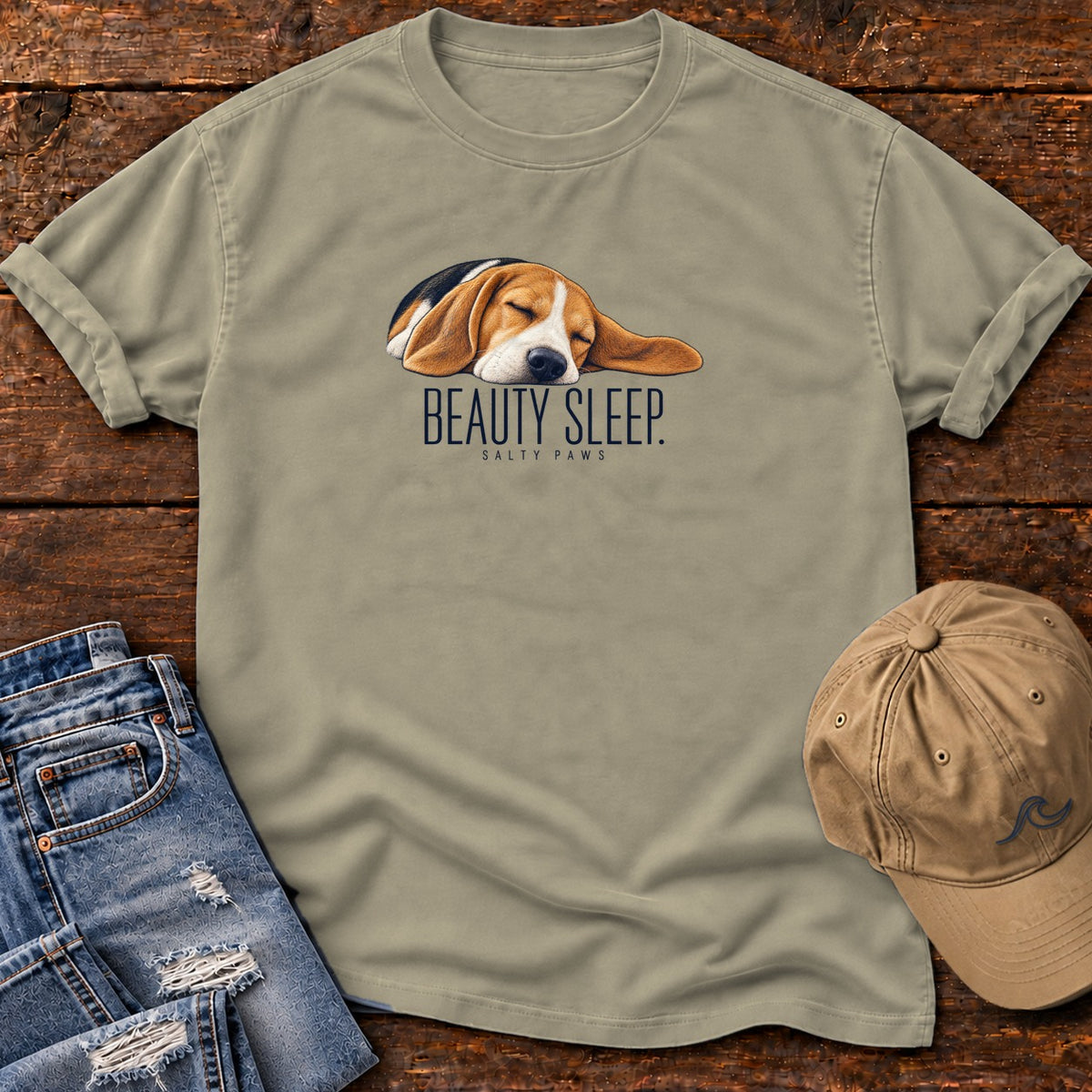 Beagle Beauty Sleep T-Shirt Comfort Colors in Sandstone, Salty Paws Comfort Colors T-Shirt, front design flat lay