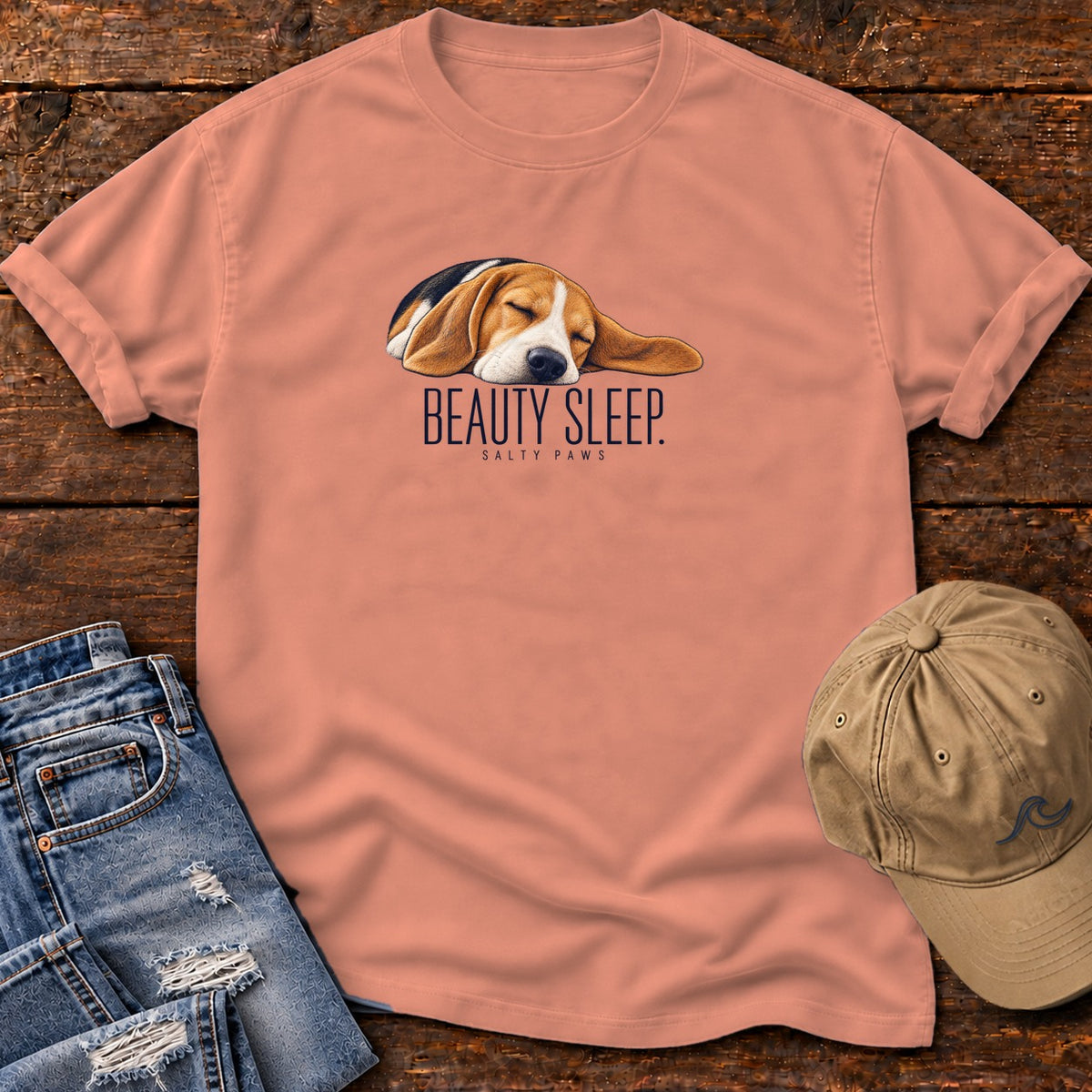 Beagle Beauty Sleep T-Shirt Comfort Colors in Terracotta, Salty Paws Comfort Colors T-Shirt, front design flat lay