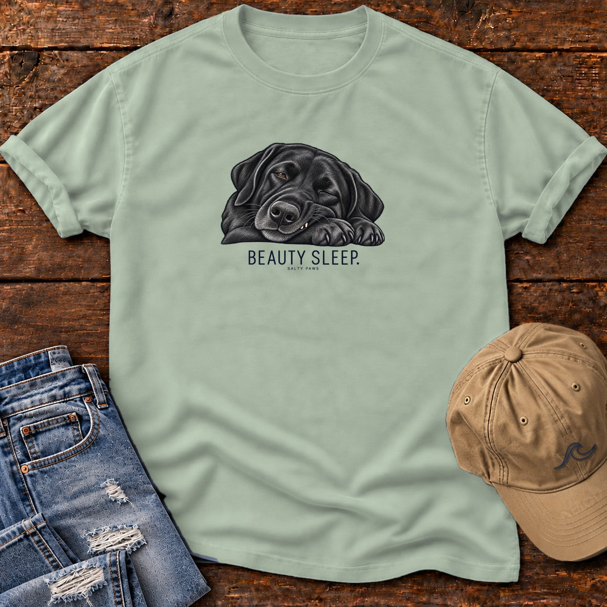 Beauty Sleep Black Lab T-Shirt in Bay, Salty Paws Comfort Colors T-Shirt, front design flat lay