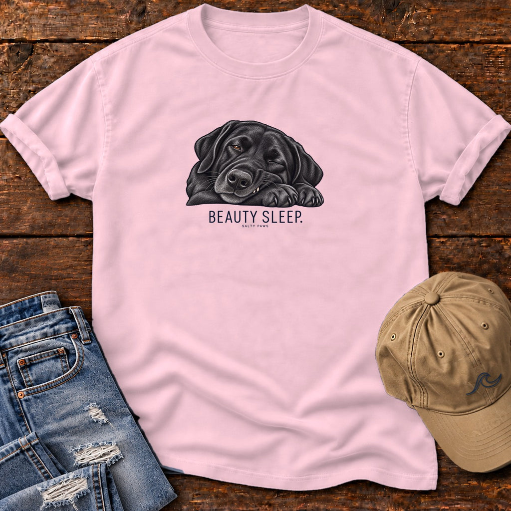 Beauty Sleep Black Lab T-Shirt in Blossom, Salty Paws Comfort Colors T-Shirt, front design flat lay