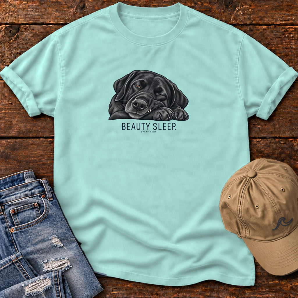 Beauty Sleep Black Lab T-Shirt in Chalky Mint, Salty Paws Comfort Colors T-Shirt, front design flat lay