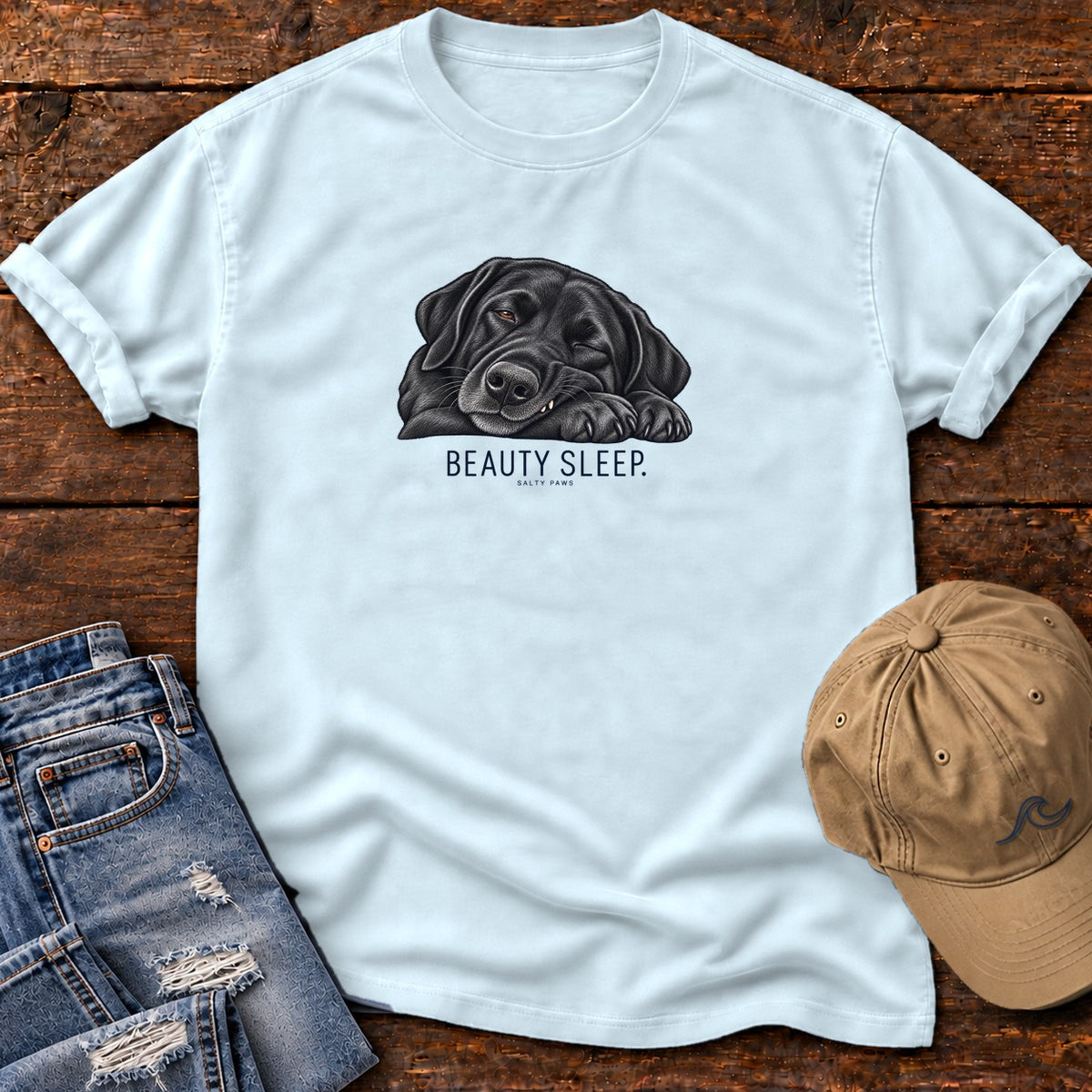 Beauty Sleep Black Lab T-Shirt in Chambray, Salty Paws Comfort Colors T-Shirt, front design flat lay