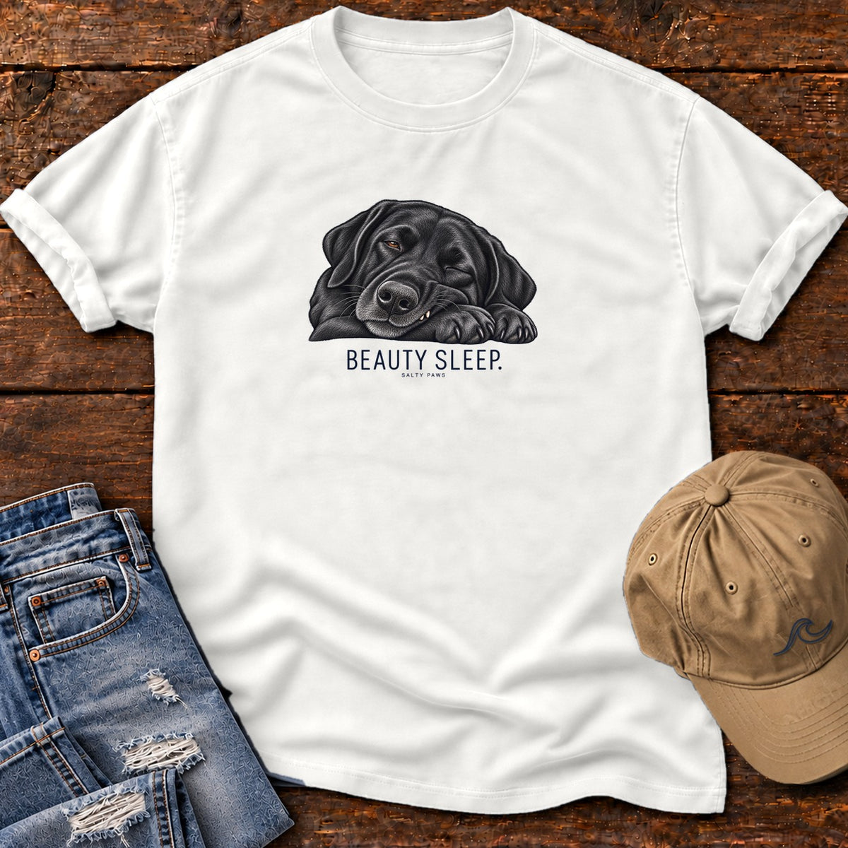 Beauty Sleep Black Lab T-Shirt in White, Salty Paws Comfort Colors T-Shirt, front design flat lay