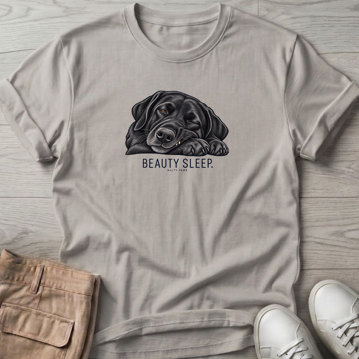 Beauty Sleep Black Lab T-Shirt in Ice Grey, Salty Paws Soft Style T-Shirt, front design flat lay