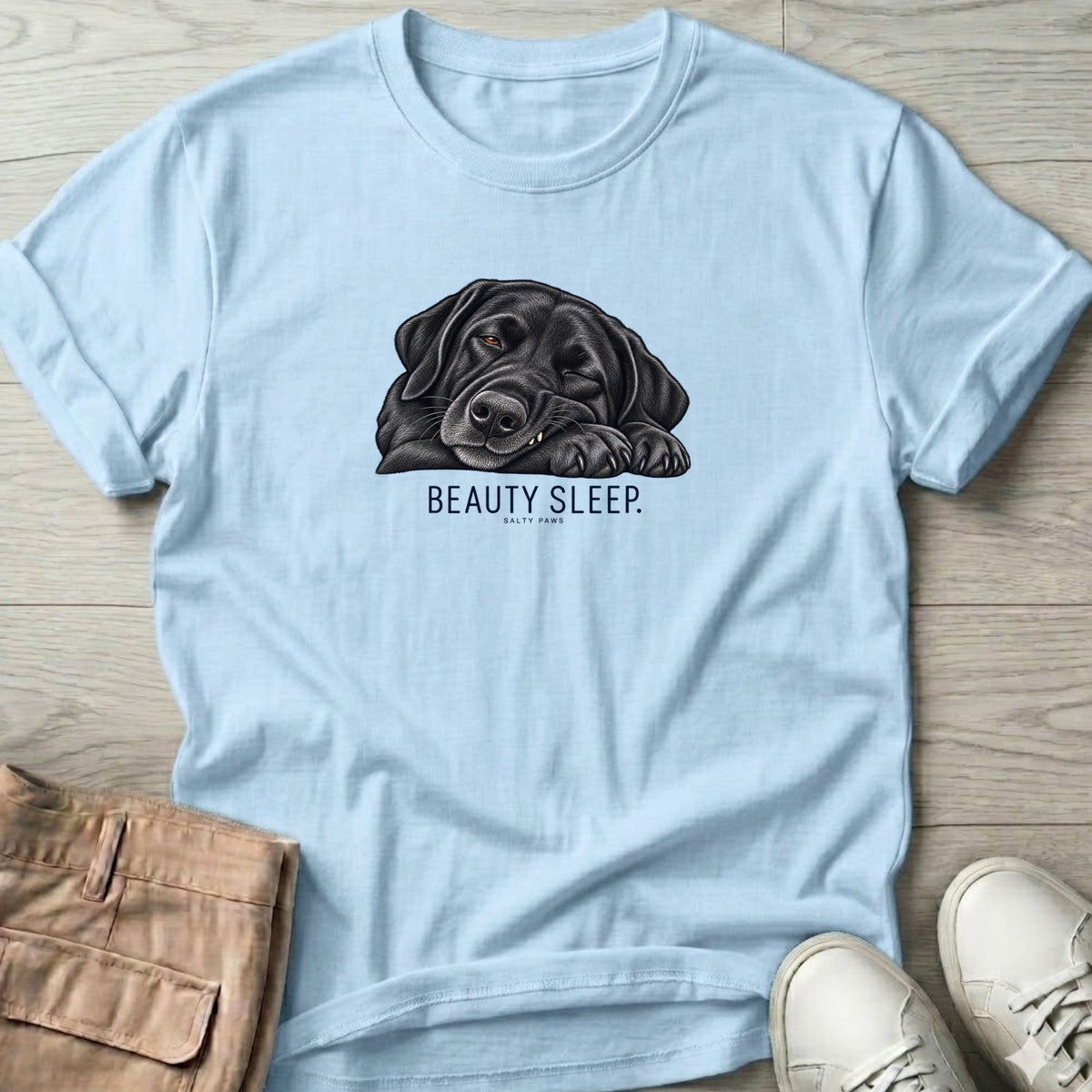 Beauty Sleep Black Lab T-Shirt in Light Blue, Salty Paws Soft Style T-Shirt, front design flat lay