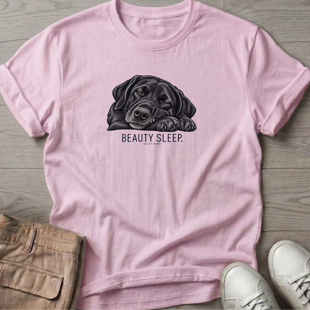 Beauty Sleep Black Lab T-Shirt in Light Pink, Salty Paws Soft Style T-Shirt, front design flat lay