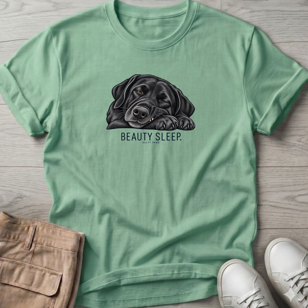 Beauty Sleep Black Lab T-Shirt in Mint Green, Salty Paws Soft Style T-Shirt, front design flat lay
