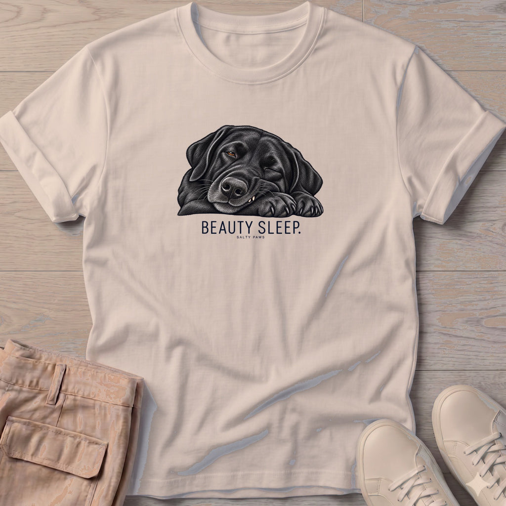 Beauty Sleep Black Lab T-Shirt in Sand, Salty Paws Soft Style T-Shirt, front design flat lay