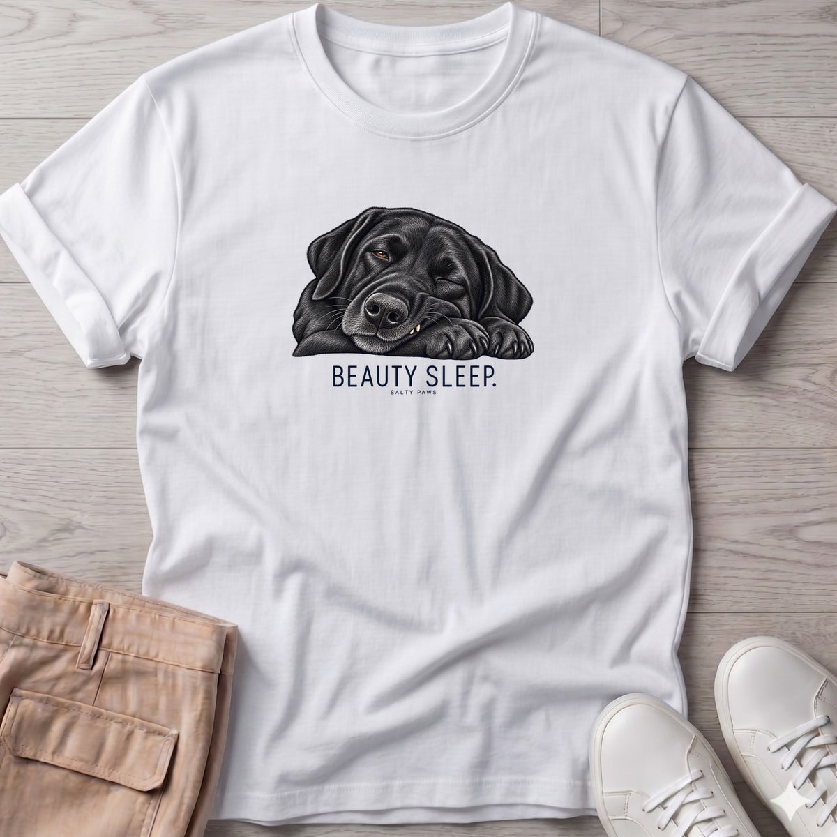 Beauty Sleep Black Lab T-Shirt in White, Salty Paws Soft Style T-Shirt, front design flat lay
