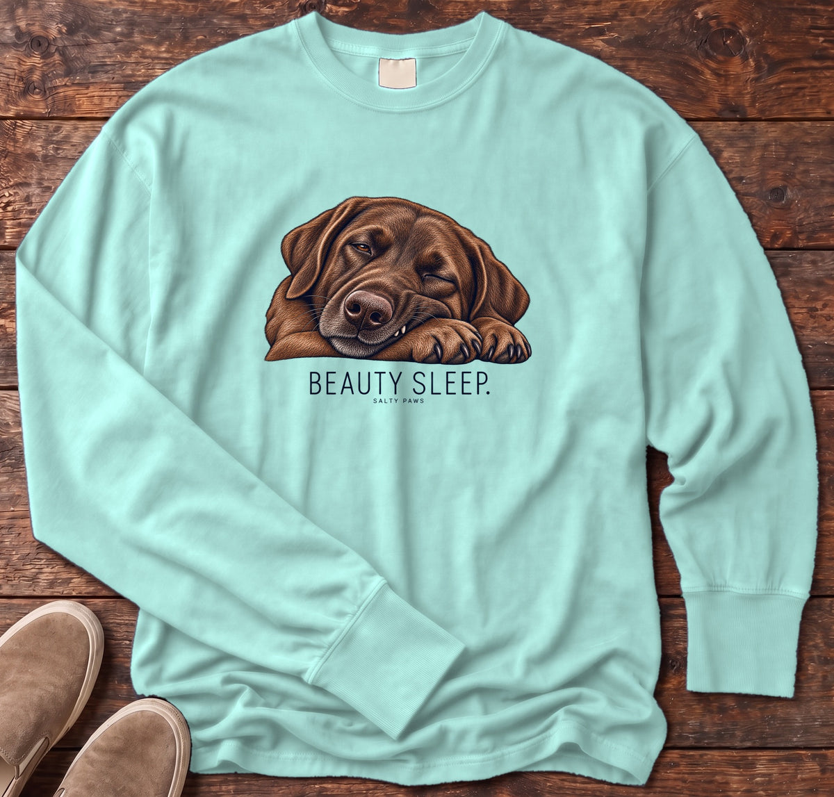 Beauty Sleep Chocolate Labrador Long Sleeve Tee Comfort Colors in Chalky Mint, Salty Paws Comfort Colors Long Sleeve Tee, front design flat lay