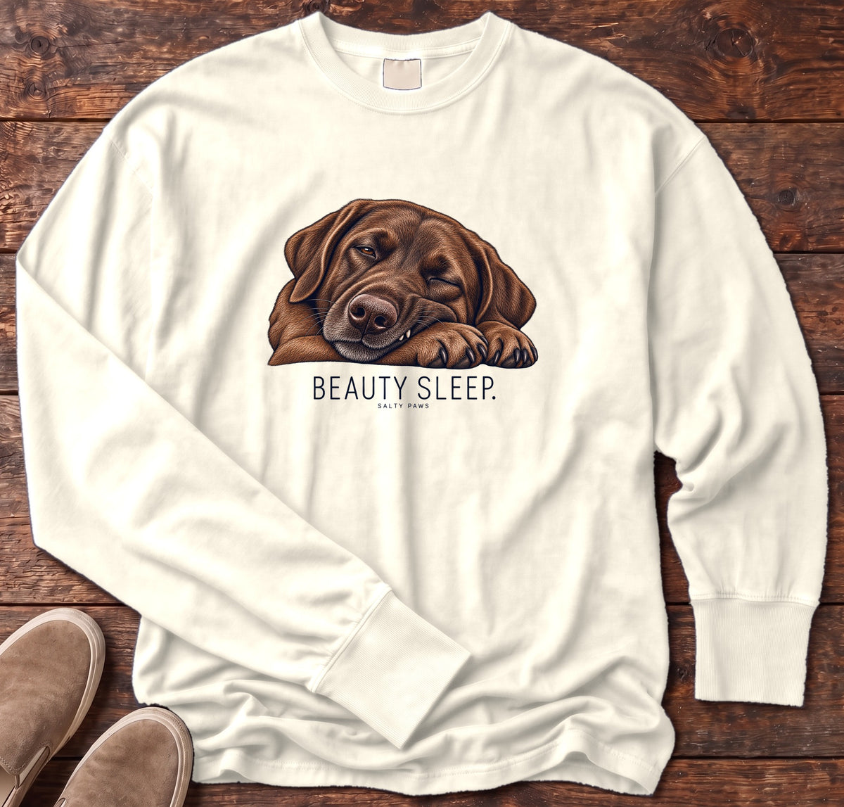 Beauty Sleep Chocolate Labrador Long Sleeve Tee Comfort Colors in Ivory, Salty Paws Comfort Colors Long Sleeve Tee, front design flat lay