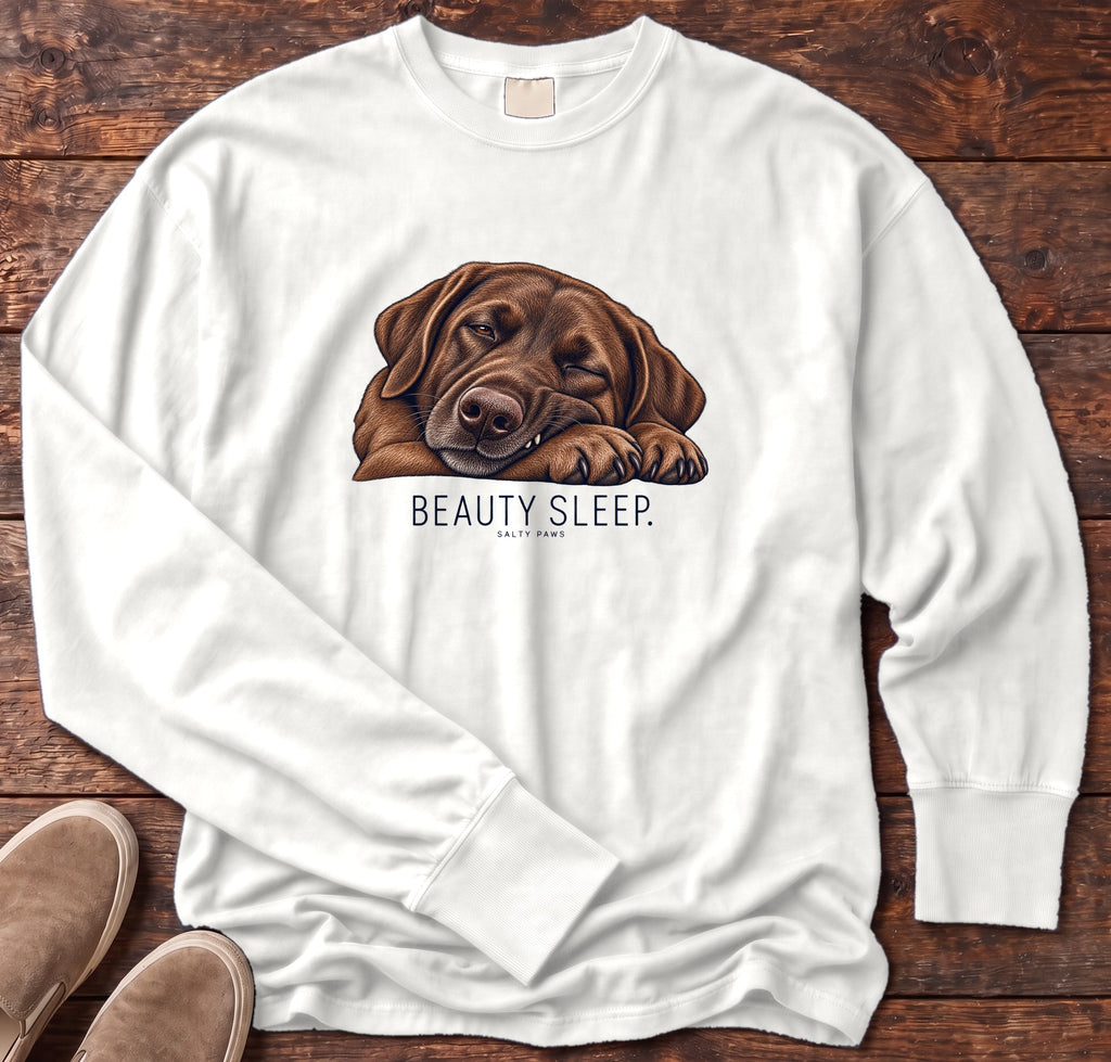 Beauty Sleep Chocolate Labrador Long Sleeve Tee Comfort Colors in White, Salty Paws Comfort Colors Long Sleeve Tee, front design flat lay