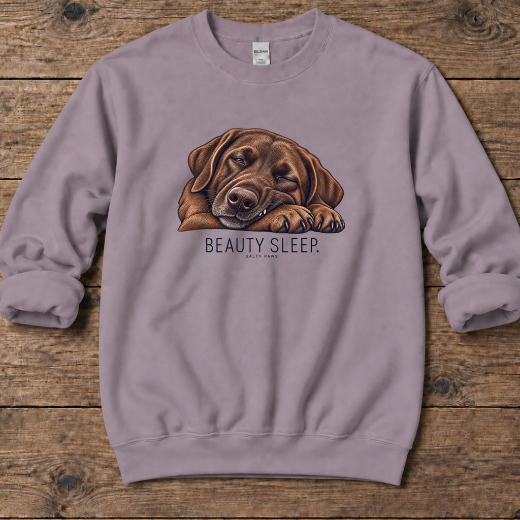 Beauty Sleep Chocolate Labrador Midweight Sweatshirt in Paragon, Salty Paws Midweight Sweatshirt, front design flat lay