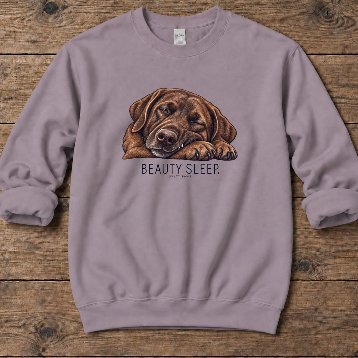 Beauty Sleep Chocolate Labrador Midweight Sweatshirt in Paragon, Salty Paws Midweight Sweatshirt, front design flat lay