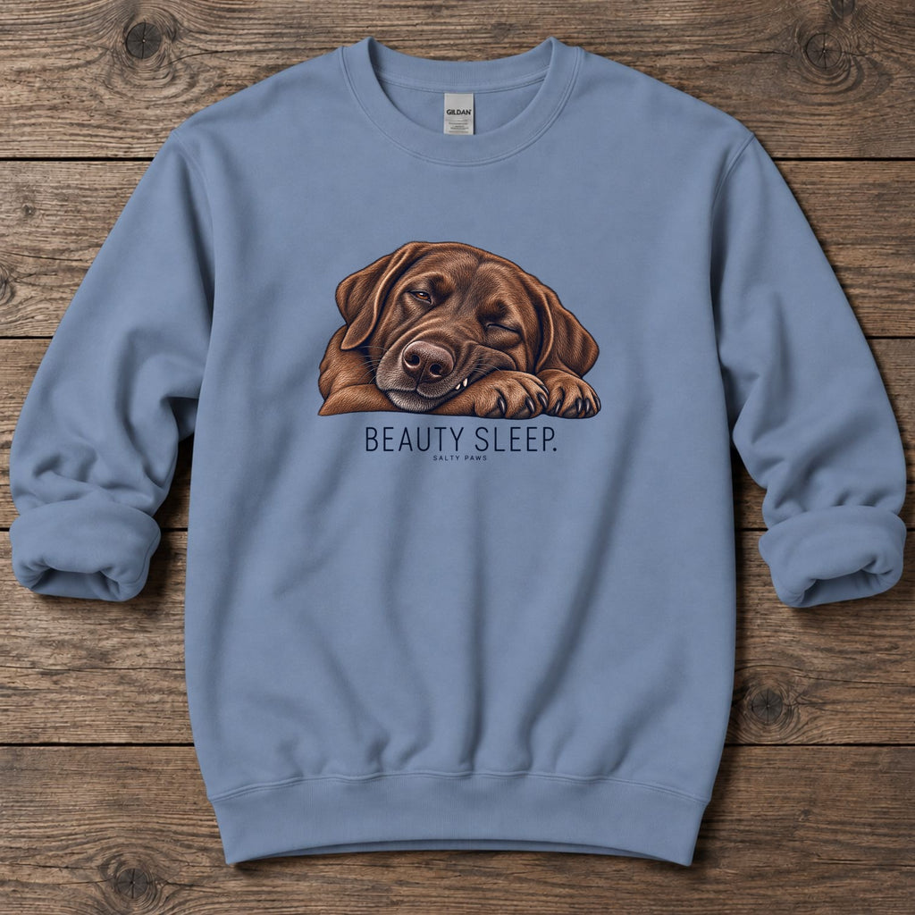Beauty Sleep Chocolate Labrador Midweight Sweatshirt in Stone Blue, Salty Paws Midweight Sweatshirt, front design flat lay