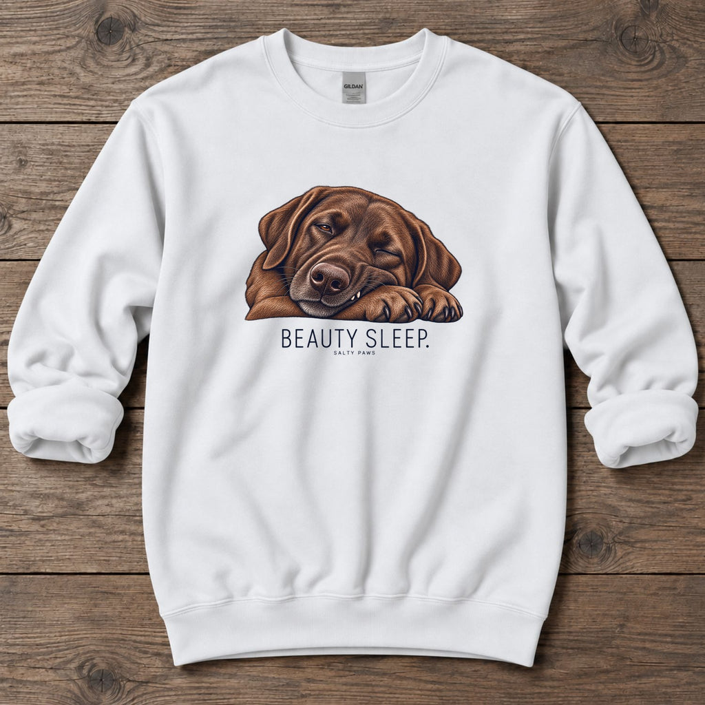 Beauty Sleep Chocolate Labrador Midweight Sweatshirt in White, Salty Paws Midweight Sweatshirt, front design flat lay