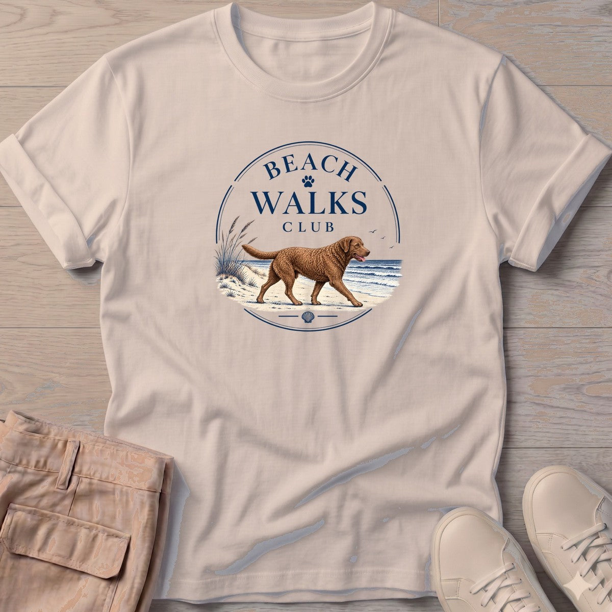 Chesapeake Bay Retriever Beach Walks Club T-Shirt in Sand, Salty Paws coastal t-shirt