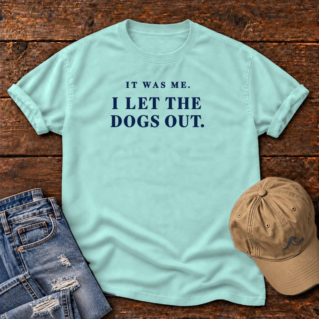 It Was Me I Let the Dogs Out T-Shirt in Chalky Mint, Salty Paws Comfort Colors T-Shirt, front design flat lay