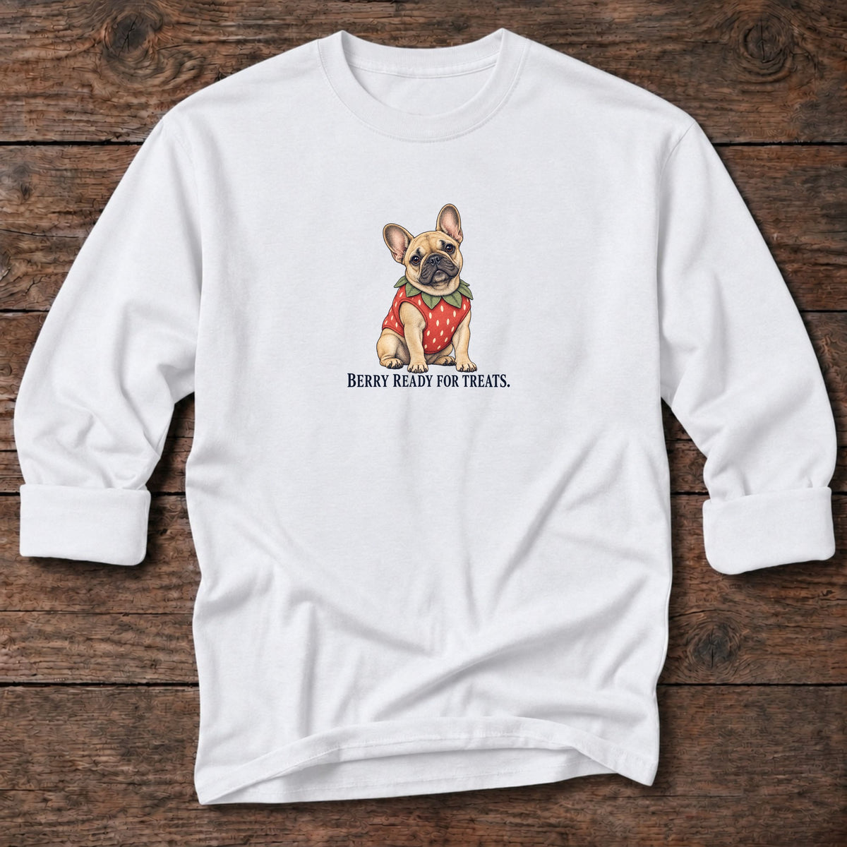 Berry Ready for Treats Strawberry Frenchie Long T-Shirt in White, Salty Paws coastal long sleeve tee