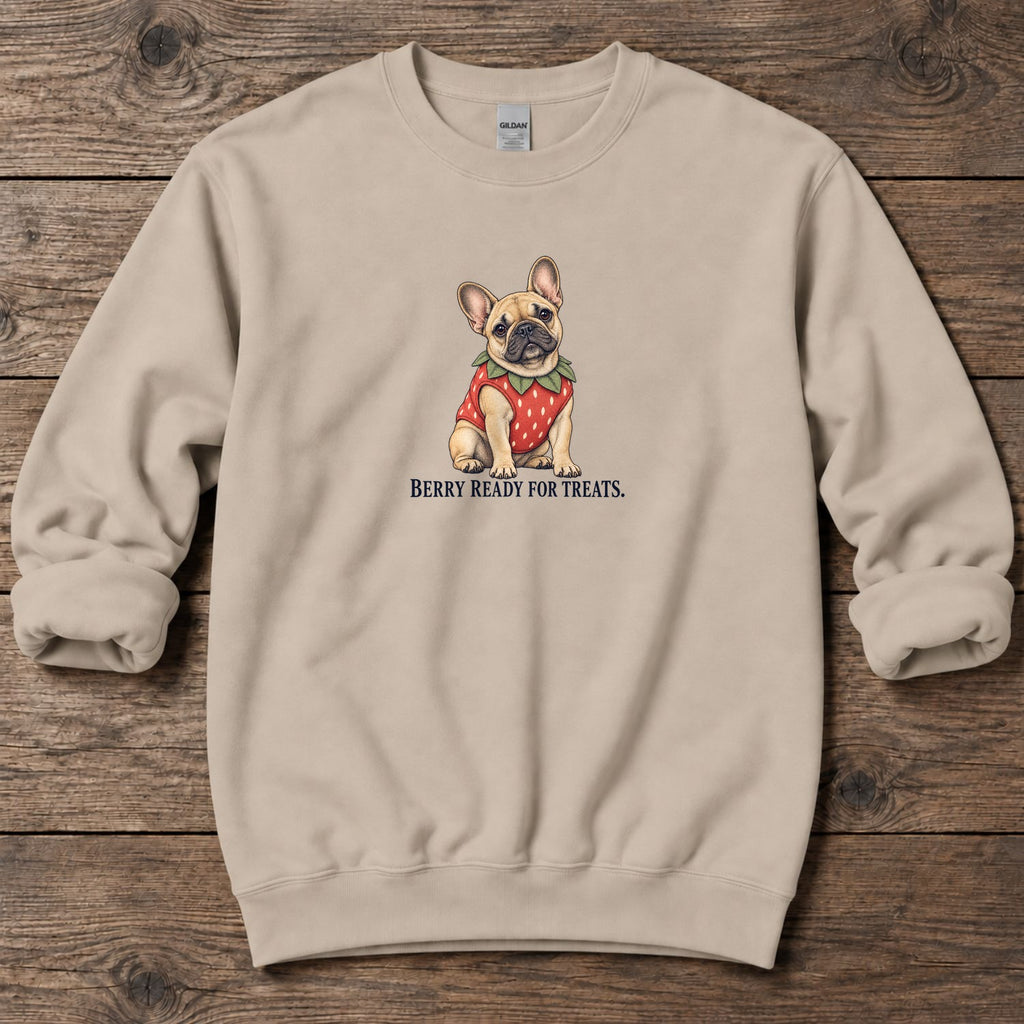 Berry Ready for Treats Strawberry Frenchie Midweight Sweatshirt in Sand, Salty Paws coastal sweatshirt