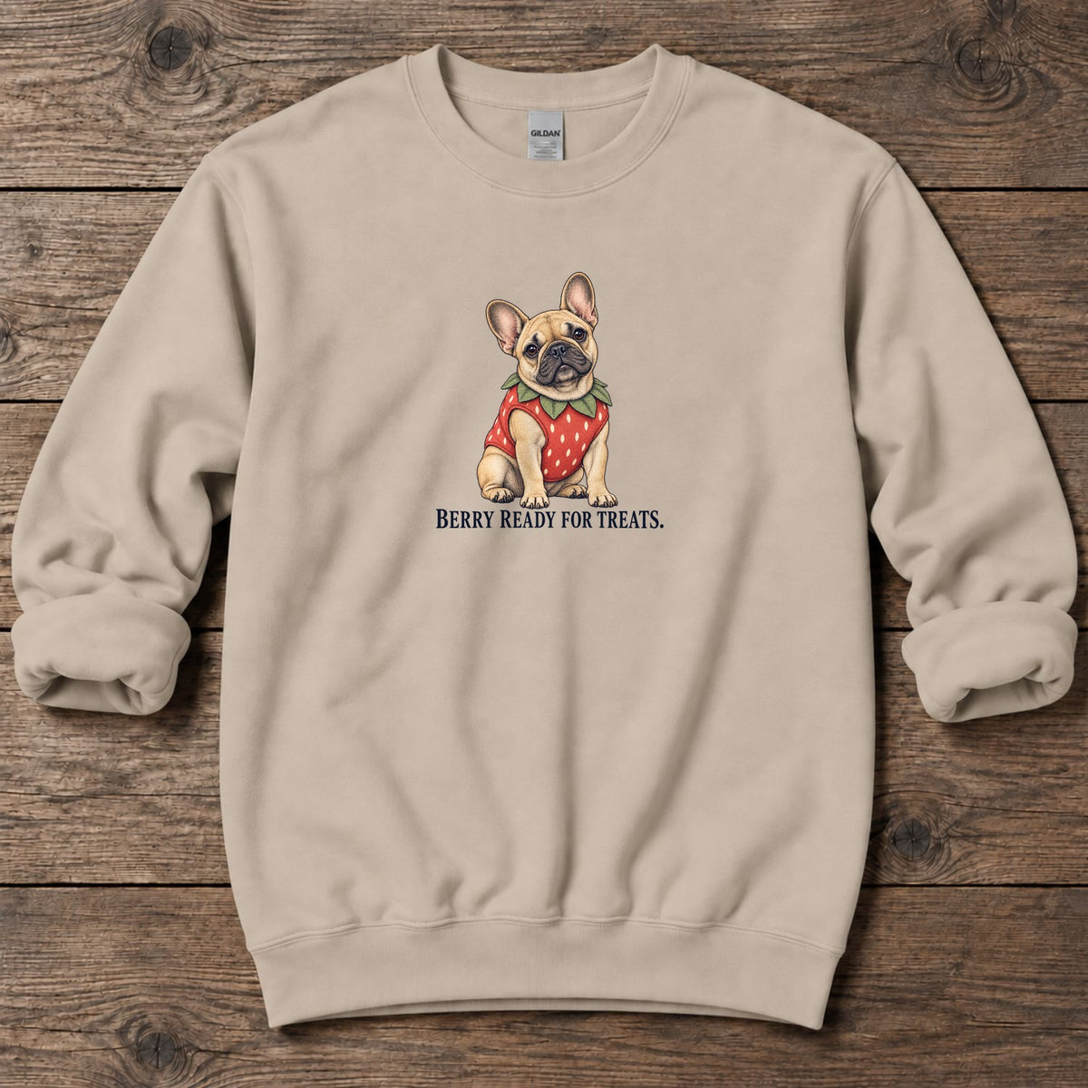 Berry Ready for Treats Strawberry Frenchie Midweight Sweatshirt in Sand, Salty Paws coastal sweatshirt