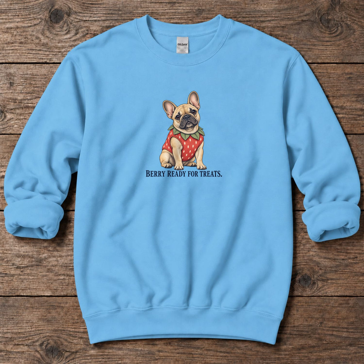 Berry Ready for Treats Strawberry Frenchie Midweight Sweatshirt in Sky, Salty Paws coastal sweatshirt