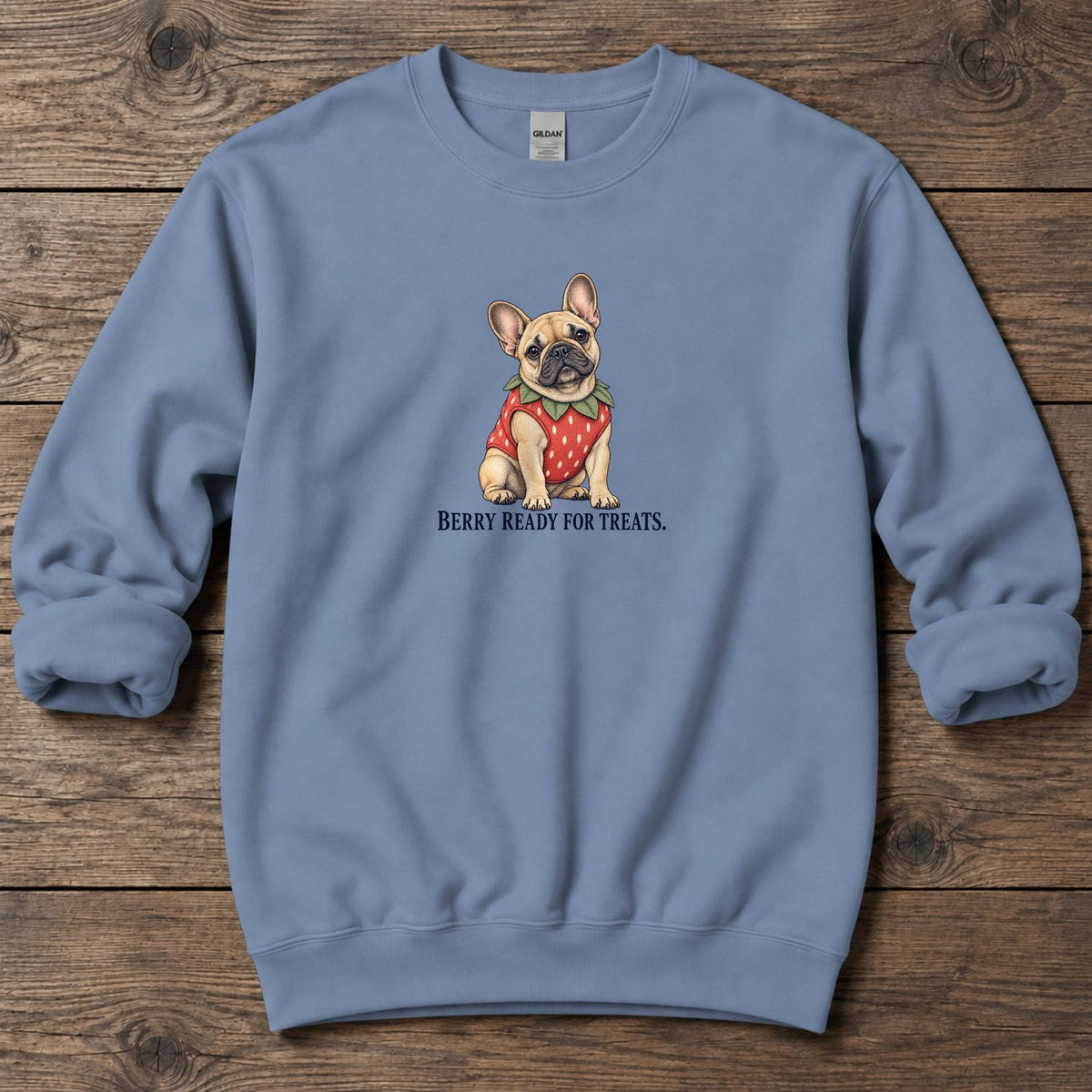Berry Ready for Treats Strawberry Frenchie Midweight Sweatshirt in Stone Blue, Salty Paws coastal sweatshirt