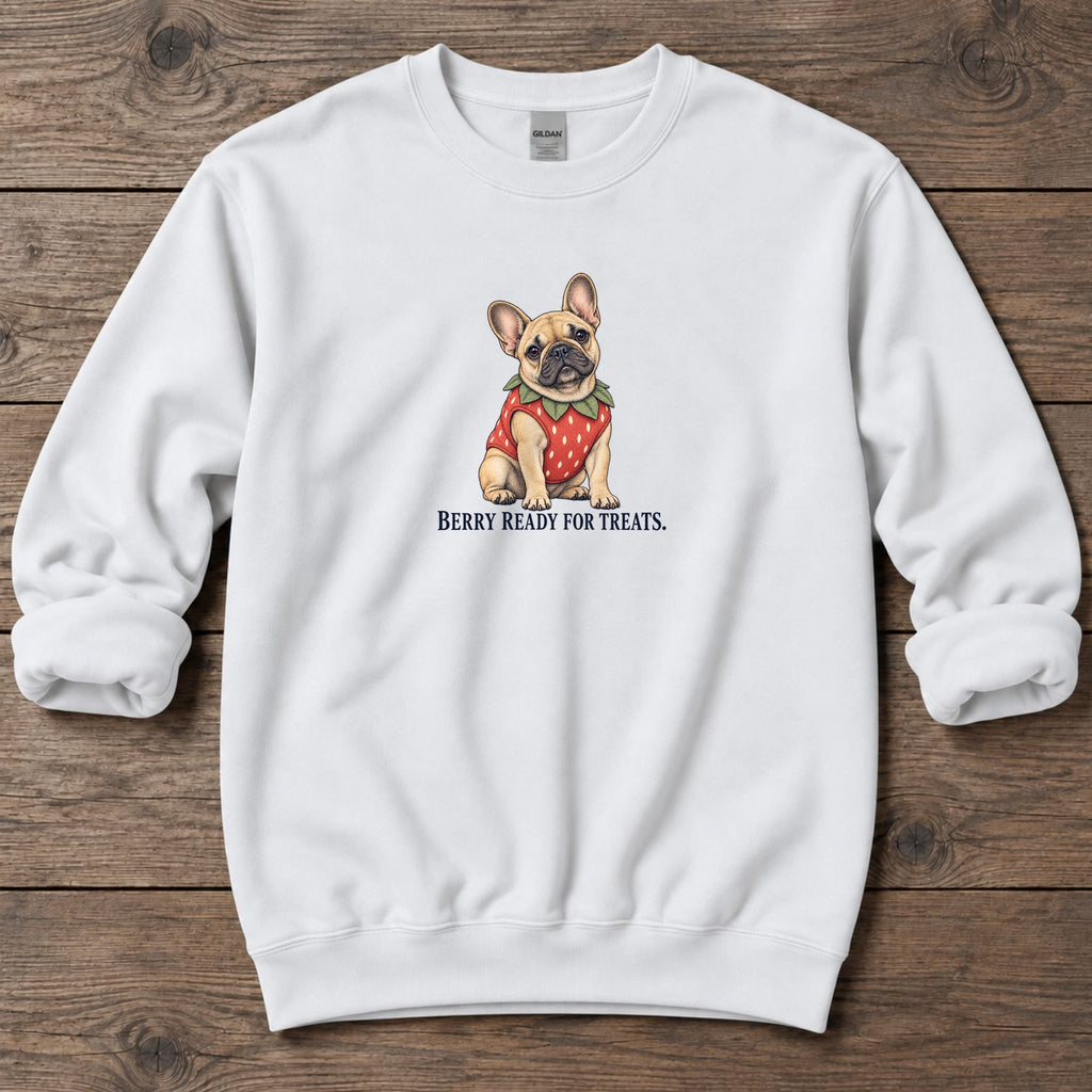 Berry Ready for Treats Strawberry Frenchie Midweight Sweatshirt in White, Salty Paws coastal sweatshirt