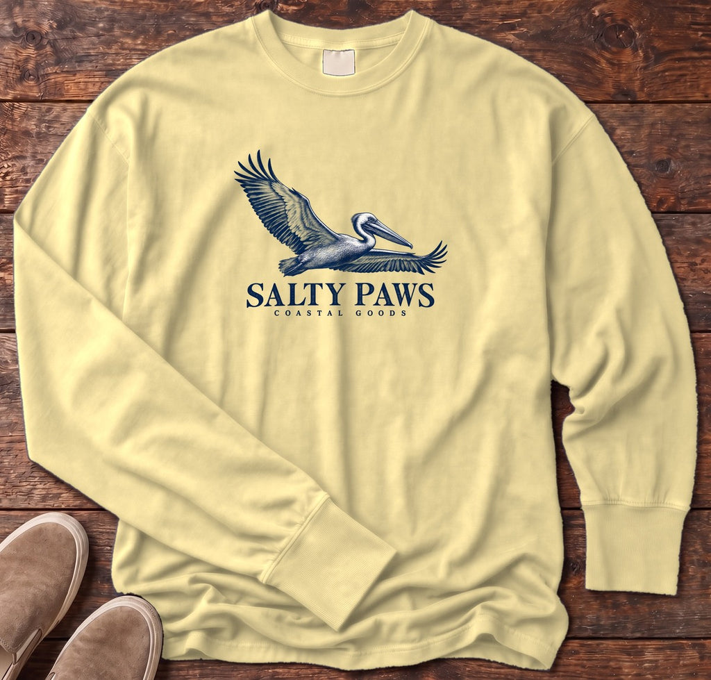 Gliding Pelican Coastal Goods Long Sleeve Tee in Butter, Salty Paws Comfort Colors Long Sleeve Tee, front design flat lay