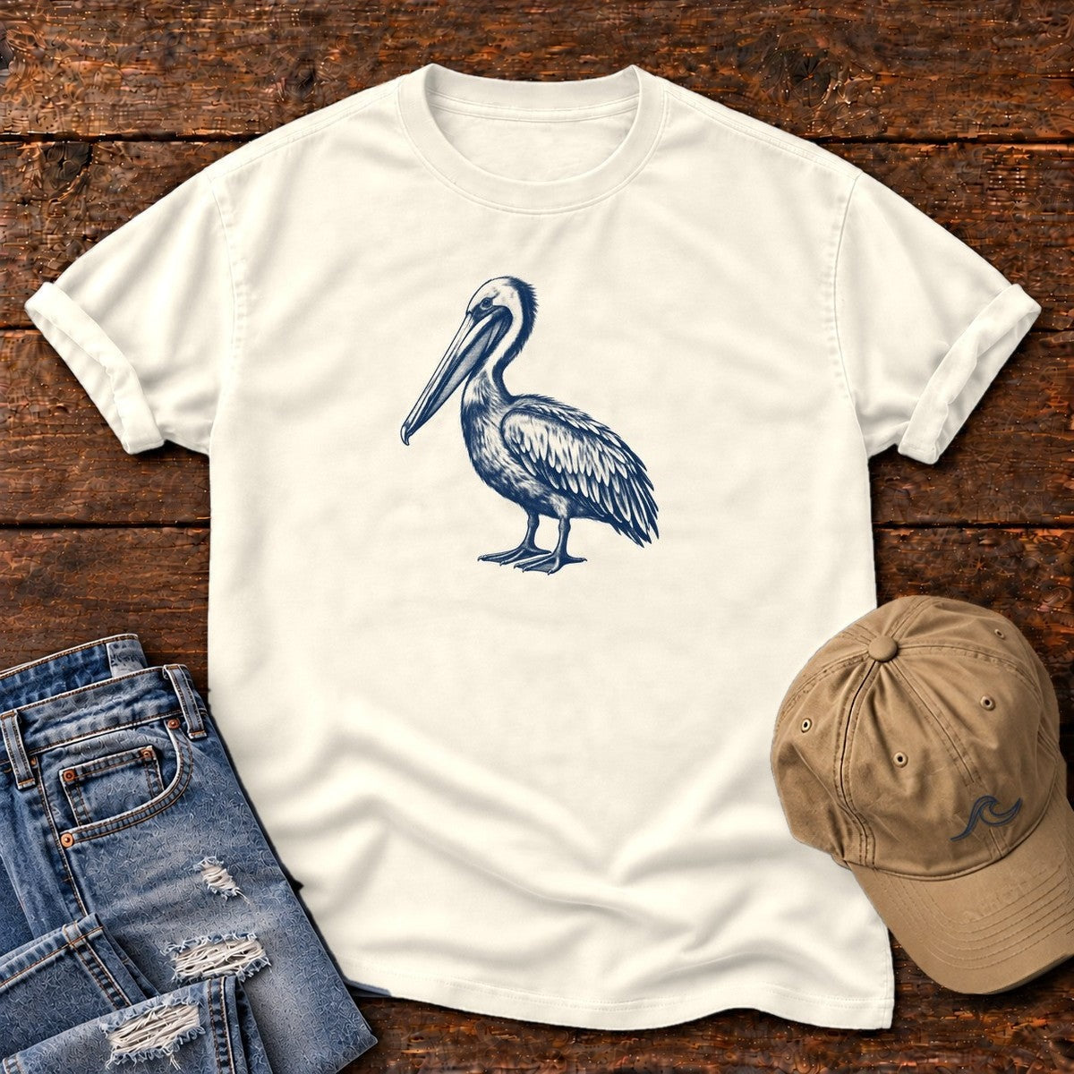 Navy Pelican Portrait T-Shirt in Ivory, Salty Paws Comfort Colors T-Shirt, front design flat lay