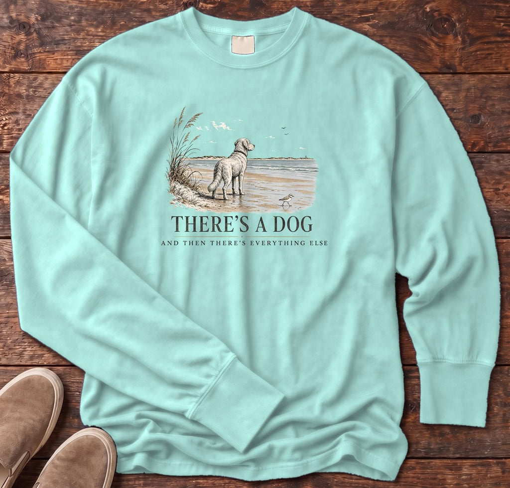 There's a Dog & Everything Else Beach Long Sleeve Tee in Chalky Mint, Salty Paws Comfort Colors long sleeve tee