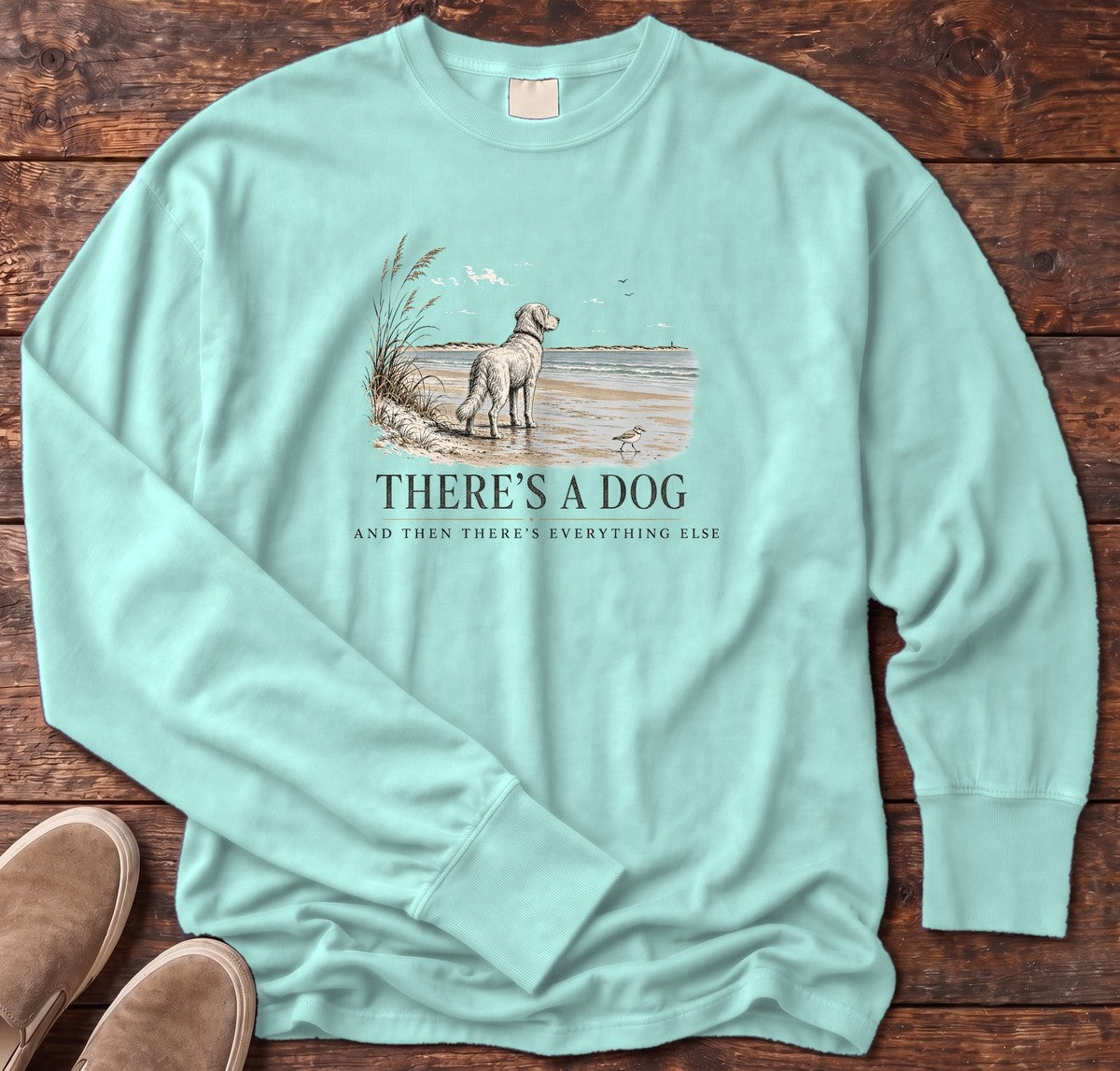 There's a Dog & Everything Else Beach Long Sleeve Tee in Chalky Mint, Salty Paws Comfort Colors long sleeve tee