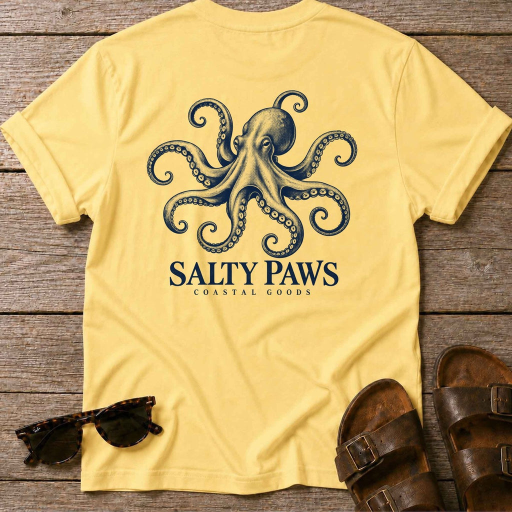 Octopus Coastal Goods Back Design T-Shirt in Daisy, Salty Paws T-Shirt, back design flat lay