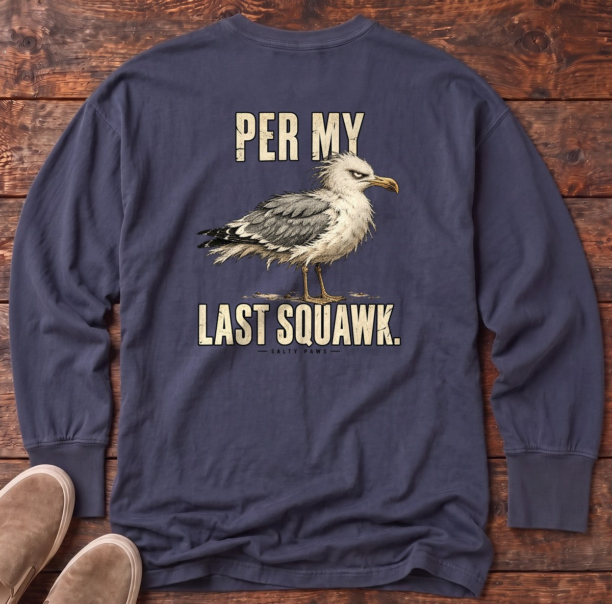 Per My Last Squawk Seagull Back Design Long Sleeve Tee in True Navy, Salty Paws Comfort Colors Long Sleeve Tee, back design flat lay