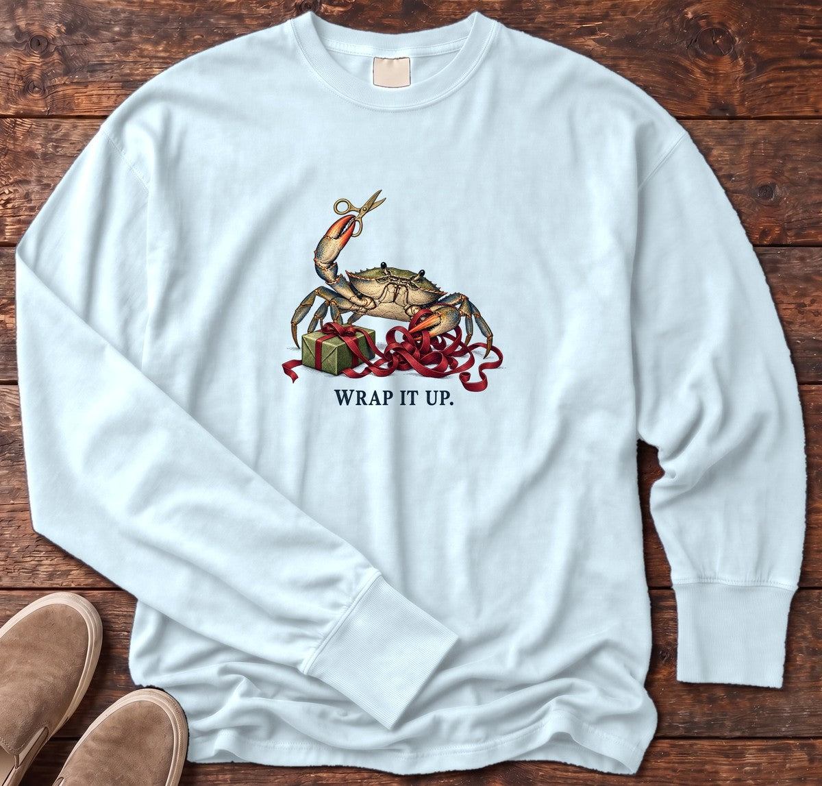 Wrap It Up Crab Long Sleeve Tee in Chambray, Salty Paws Comfort Colors Long Sleeve Tee, front design flat lay