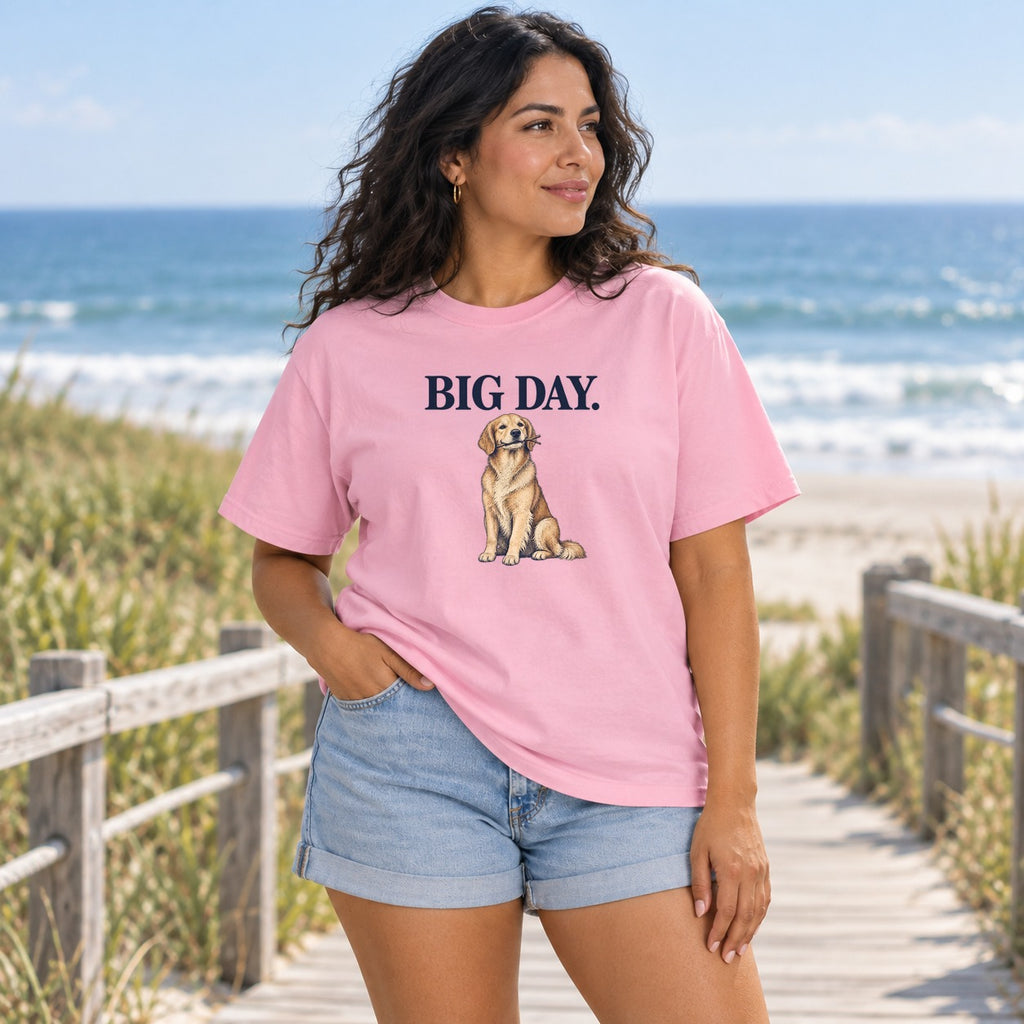 Big Day Golden Retriever T-Shirt in Blossom, worn by a model, Salty Paws front design