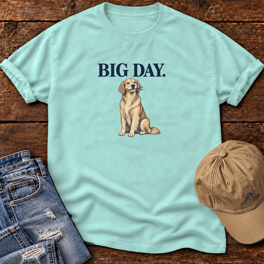 Big Day Golden Retriever T-Shirt in Chalky Mint, Salty Paws Comfort Colors T-Shirt, front design flat lay