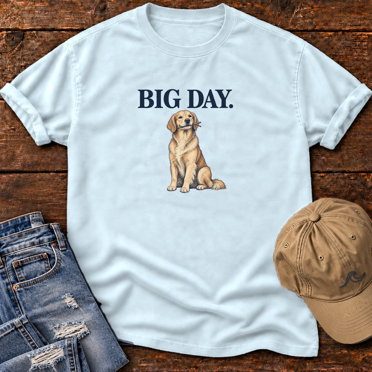Big Day Golden Retriever T-Shirt in Chambray, Salty Paws Comfort Colors T-Shirt, front design flat lay