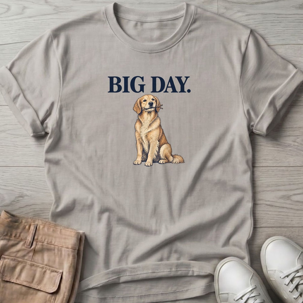 Big Day Golden Retriever T-Shirt in Ice Grey, Salty Paws T-Shirt, front design flat lay