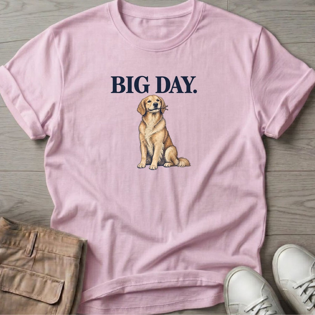 Big Day Golden Retriever T-Shirt in Light Pink, Salty Paws T-Shirt, front design flat lay
