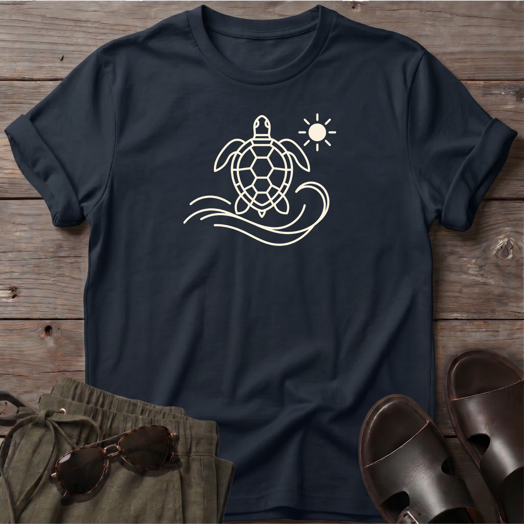 Sea Turtle Beach Ocean Line Art Tee