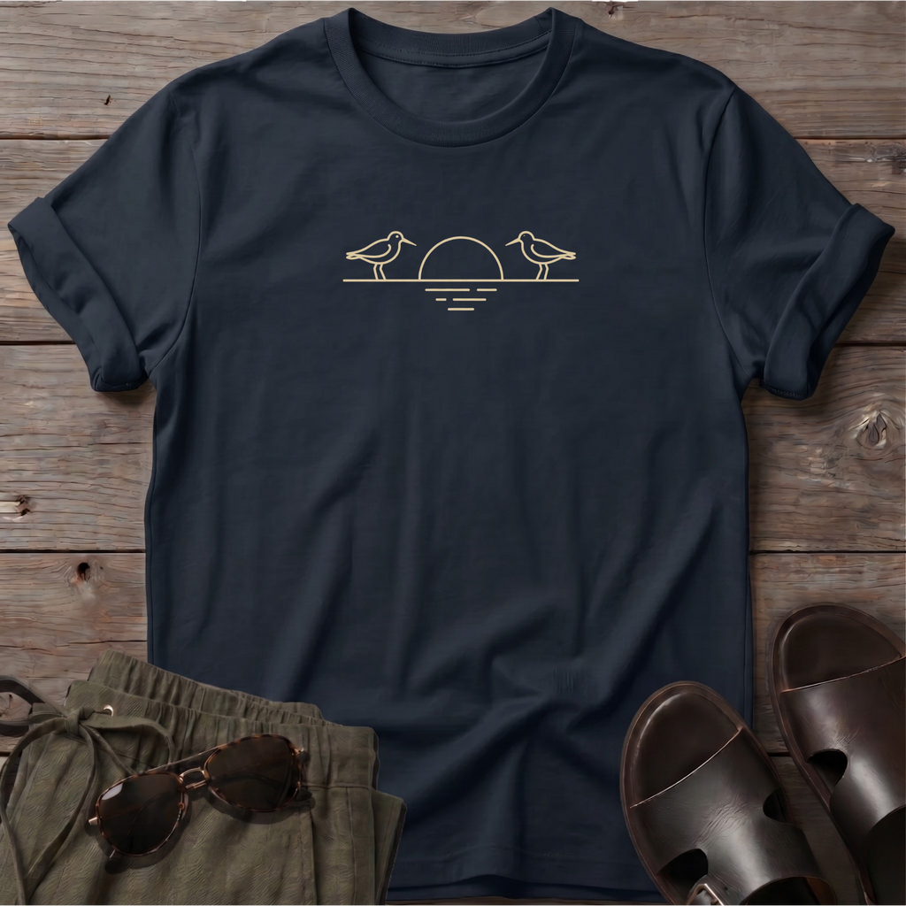 Shorebirds & Sunset T-Shirt — Beach Dog Line Art Tee