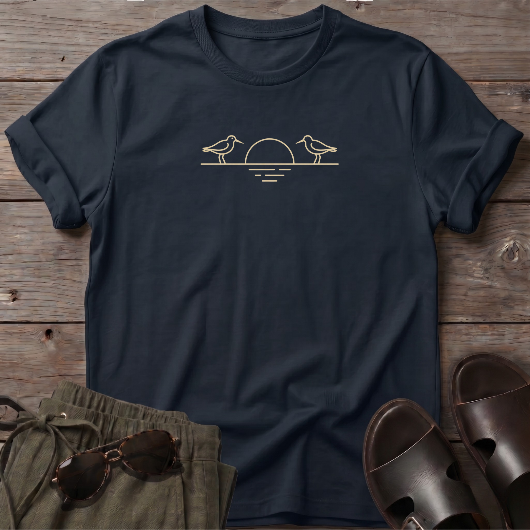 Shorebirds & Sunset T-Shirt — Beach Dog Line Art Tee