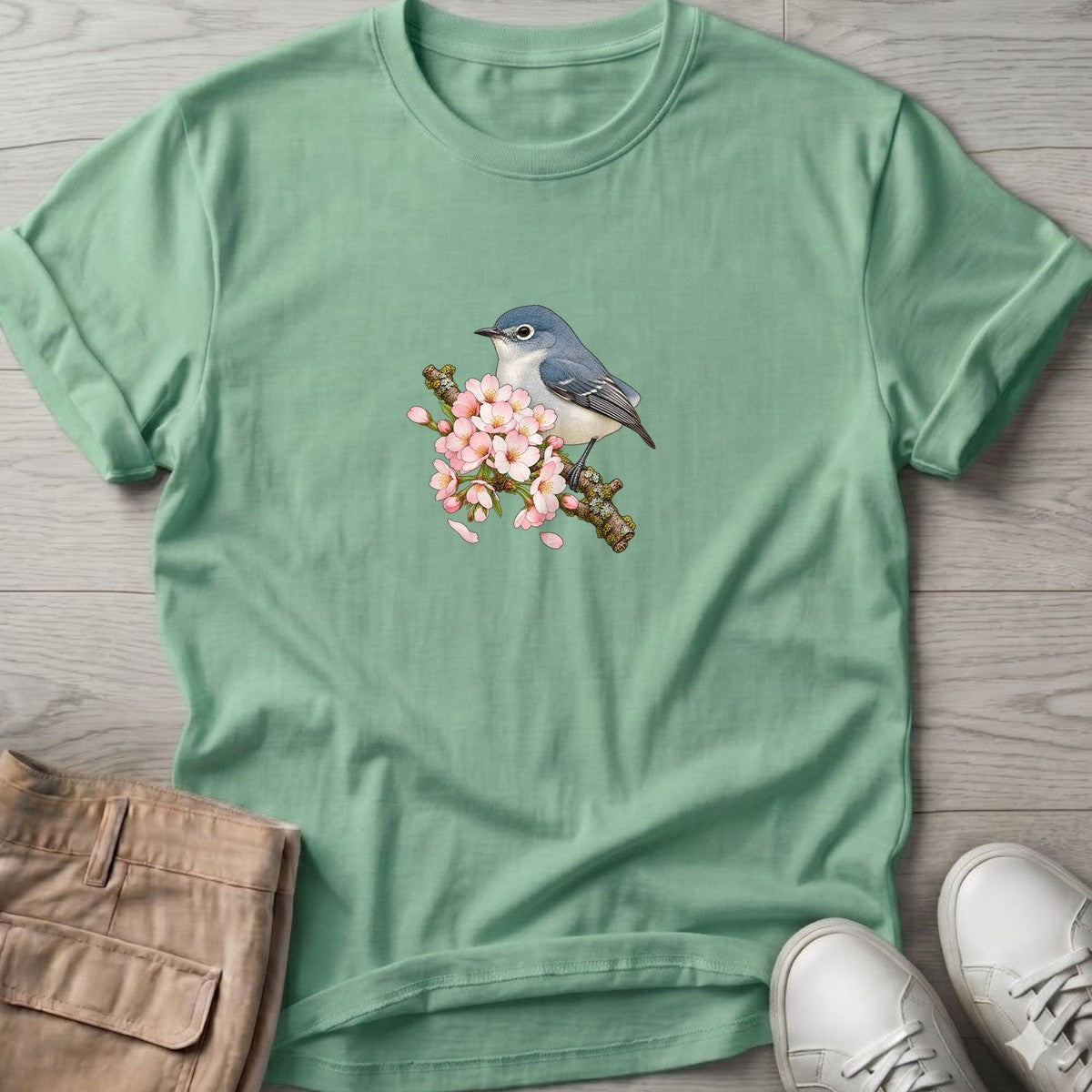 Blue Bird Blossom T-Shirt in Mint Green