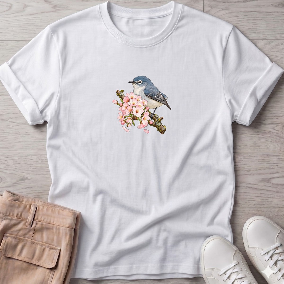 Blue Bird Blossom T-Shirt in White