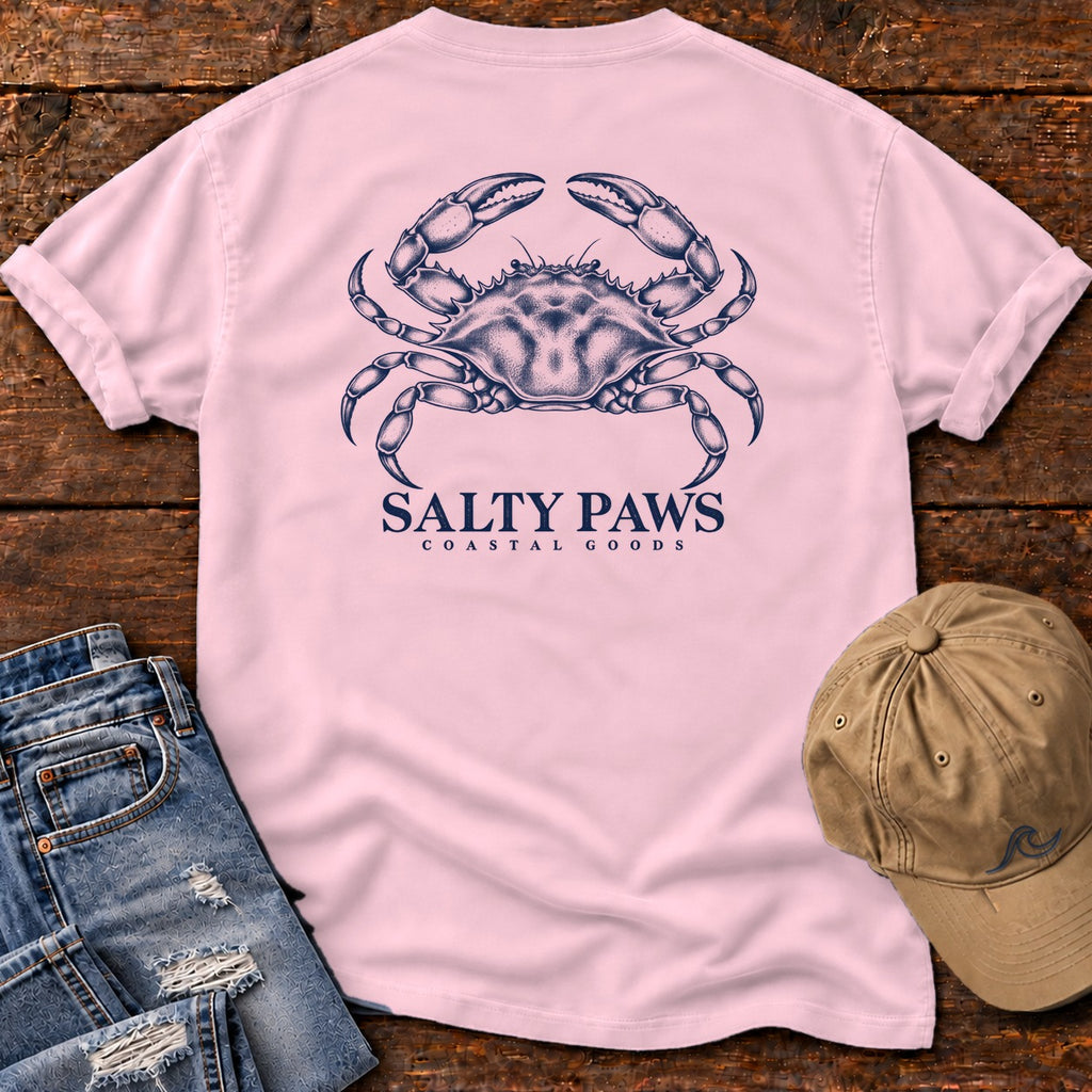 Blue Crab Coastal Goods Back Design T-Shirt in Blossom, Salty Paws Comfort Colors T-Shirt, back design flat lay