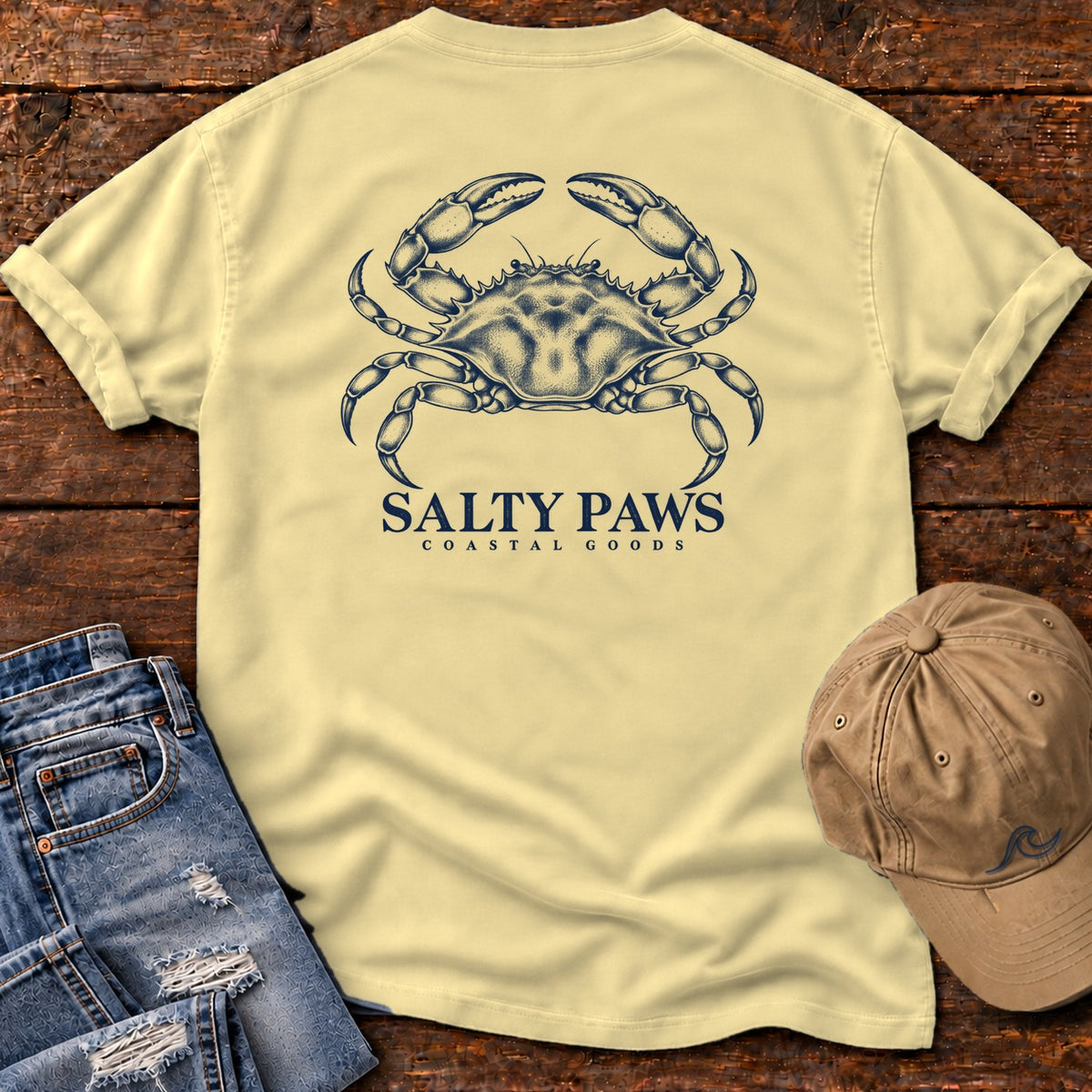 Blue Crab Coastal Goods Back Design T-Shirt in Butter, Salty Paws Comfort Colors T-Shirt, back design flat lay