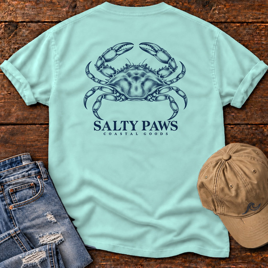 Blue Crab Coastal Goods Back Design T-Shirt in Chalky Mint, Salty Paws Comfort Colors T-Shirt, back design flat lay