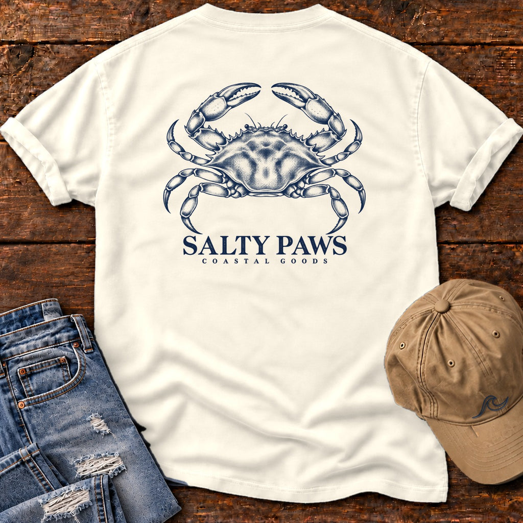 Blue Crab Coastal Goods Back Design T-Shirt in Ivory, Salty Paws Comfort Colors T-Shirt, back design flat lay